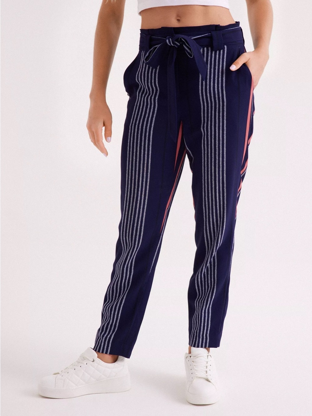 Express Black Multi-Stripe Paperbag Waist Cropped Pants